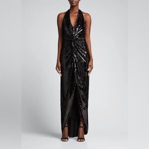 Chiara Boni La Petite Robe Sequin Knot Front V-neck Halter Gown Black Size 42/6